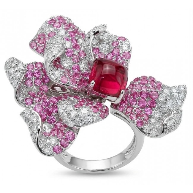 Wild Hibiscus 34.2 carat authentic Mozambique Ruby White Sapphire .925 Sterling Silver handcrafted Statement Ring size 6