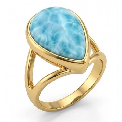 Treasure of Dominican Republic 12.5 carat genuine Larimar .925 Sterling Silver dipped in 22K Gold over Handcrafted Ring size 6