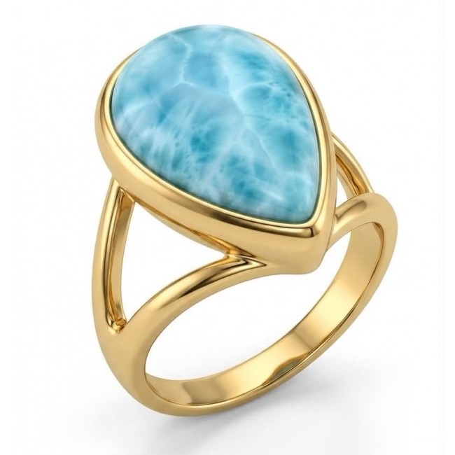 Treasure of Dominican Republic 12.5 carat genuine Larimar .925 Sterling Silver dipped in 22K Gold over Handcrafted Ring size 6