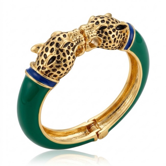 Malachite Green- Enamel Leopard Head Vintage style Luxurious Bangle Bracelet