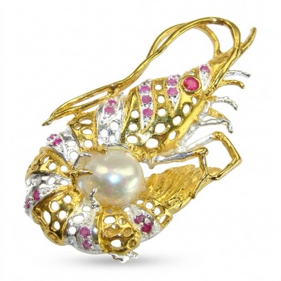 Precious Shrimp genuine Ruby 14k Gold over .925 Sterling Silver handmade Pendant - Brooch