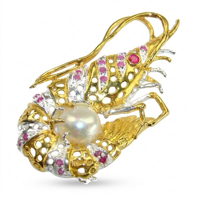 Precious Shrimp genuine Ruby 14k Gold over .925 Sterling Silver handmade Pendant - Brooch