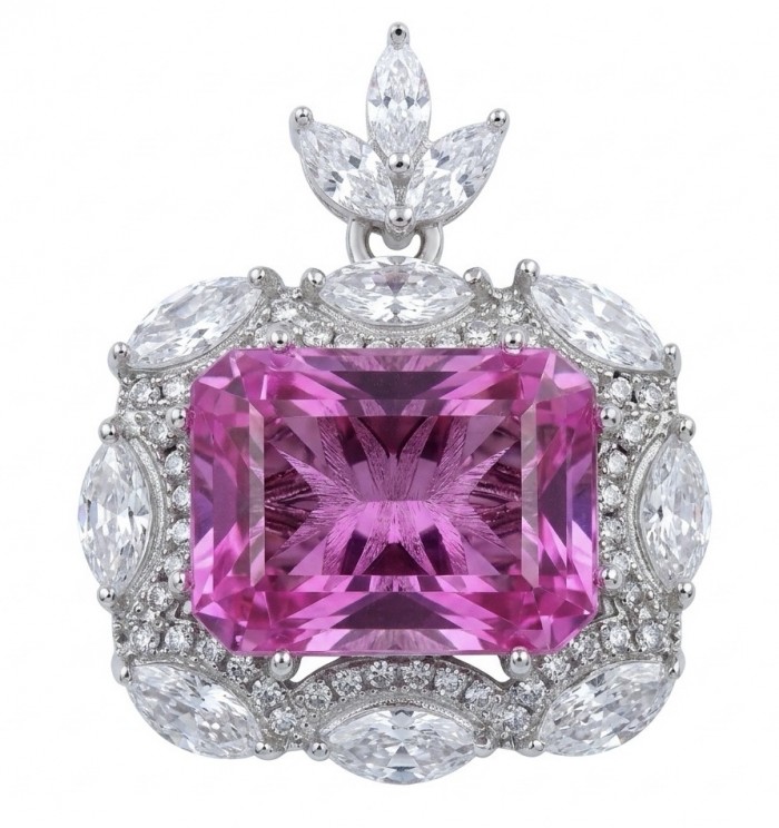 Vintage style boquette cut 12.8 carat Pink Sapphire .925 Sterling Silver DIPPED IN RHODIUM handmade Pendant