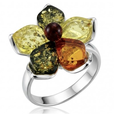 Golden Flower Authentic Baltic Amber rhodium over .925 Sterling Silver handcrafted ring; s. 7 adjustable