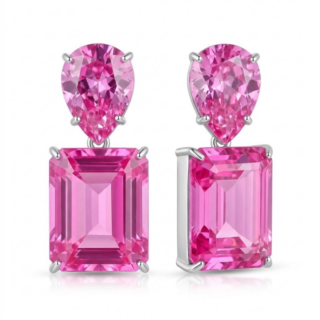 Large - Tiffany - authentic baquette cut 45.4 carat Pink Sapphire .925 Sterling Silver handcrafted Earrings