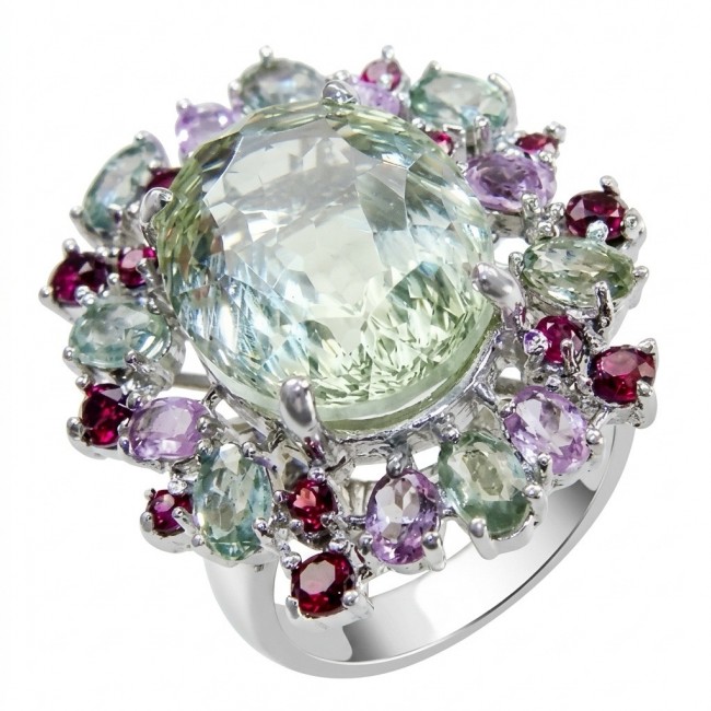 Fiammetta oval cut 22.2 carat Green Amethyst .925 Sterling Silver entirely handmade Ring size 8 3/4