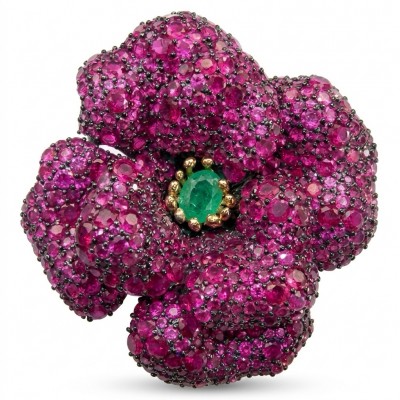Black Label Collection - Retro Style - Rose Genuine 42.5 carat Ruby 2 tones .925 Sterling Silver dipped in rhodium handmade Pendant - Brooch