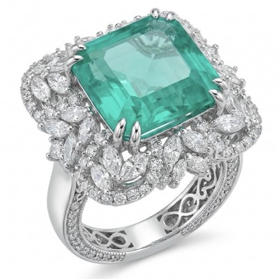 Elizabeth princess cut 15.4 carat Colombian Emerald 12.3 carat White Topaz .925 Sterling Silver dipped in Rhodium handcrafted Ring size 7