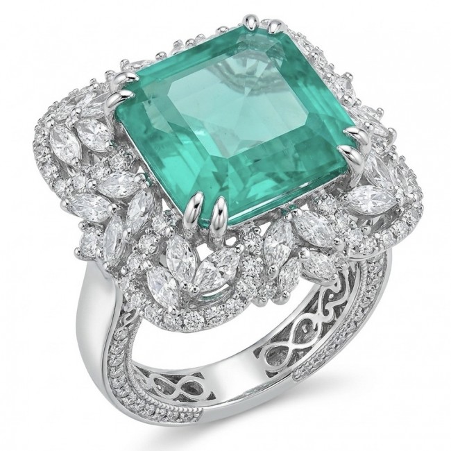 Elizabeth princess cut 15.4 carat Colombian Emerald 12.3 carat White Topaz .925 Sterling Silver dipped in Rhodium handcrafted Ring size 7