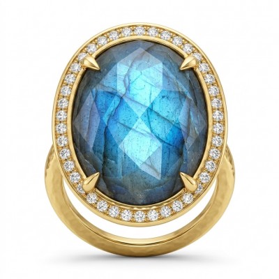 Shimmering Natural faceted Labradorite .925 Sterling Silver dipped in 18K Gold handcrafted Large ring size 8 1/4