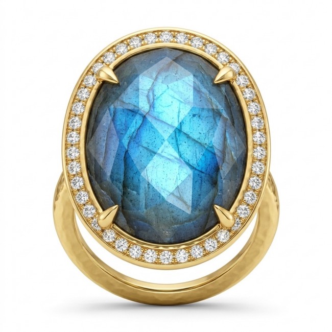 Shimmering Natural faceted Labradorite .925 Sterling Silver dipped in 18K Gold handcrafted Large ring size 8 1/4