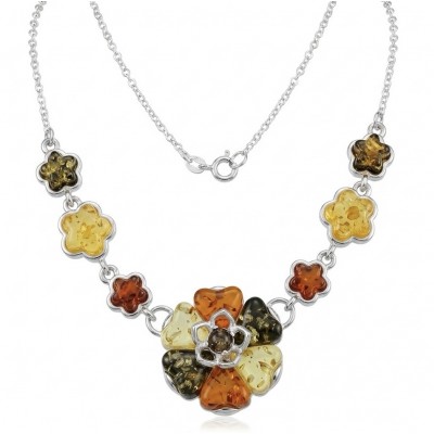 Floral design - natural multicolor Baltic Amber .925 Sterling Silver handcrafted necklace