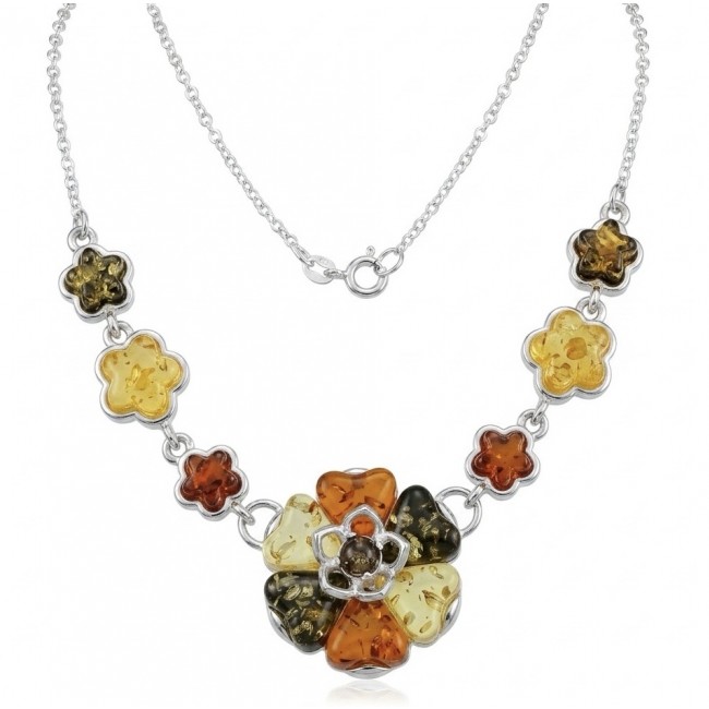 Floral design - natural multicolor Baltic Amber .925 Sterling Silver handcrafted necklace