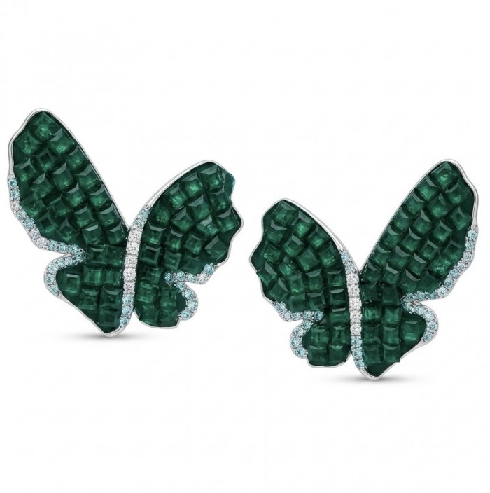 Incredible Butterflies genuine 15.5 CARAT Emerald .925 Sterling Silver handcrafted Earrings