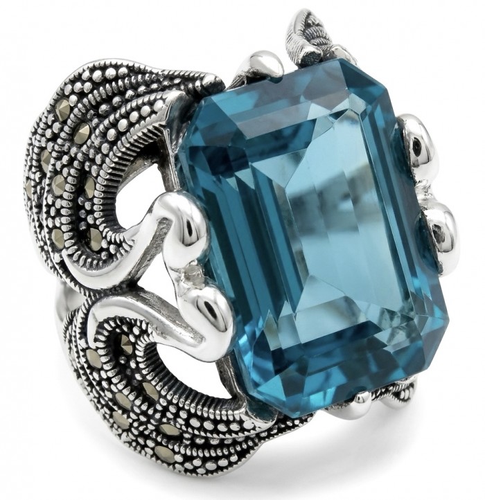 Two Swans Authentic 27.4 carat Aquamarine .925 Sterling Silver brilliantly handcrafted large Statement Ring size 8