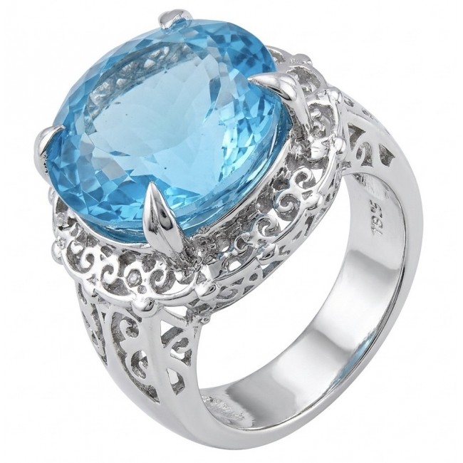 14.5 carat authentic Swiss Blue Topaz .925 Sterling Silver dipped in rhodium handmade Statement Ring size 8 1/4