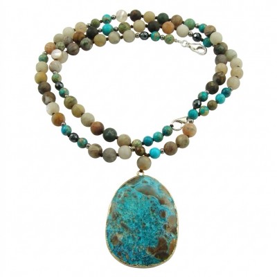Bochemian style Moss Agate .925 Sterling Silver handcrafted Statement necklace