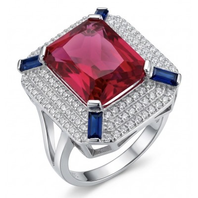Art Deco 16.6 ctw Ruby .925 Sterling Silver handcrafted Statement Ring size 8 1/4