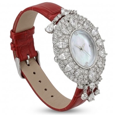 Precious 22.5 carat Authentic White Topaz Genuine red Leather strap .925 Sterling Silver handmade Watch