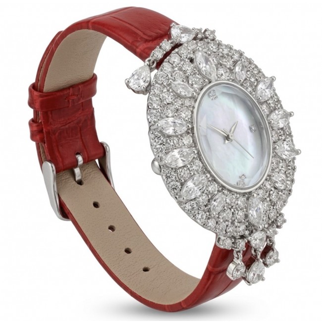 Precious 22.5 carat Authentic White Topaz Genuine red Leather strap .925 Sterling Silver handmade Watch