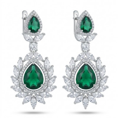 Magnificent Jewel 17.5 carat Emerald 14K white Gold over .925 Sterling Silver handcrafted earrings