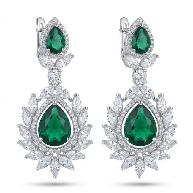 Magnificent Jewel 17.5 carat Emerald 14K white Gold over .925 Sterling Silver handcrafted earrings
