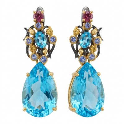 Atlantica 18.7 carat Swiss Blue Topaz BLACK RHODIUM OVER and 18k Gold .925 Sterling Silver Handcrafted Statement earrings