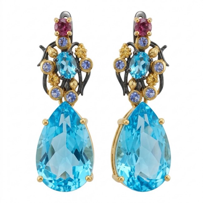 Atlantica 18.7 carat Swiss Blue Topaz BLACK RHODIUM OVER and 18k Gold .925 Sterling Silver Handcrafted Statement earrings