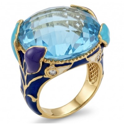 Dolce Vita 25.3 carat genuine Swiss Blue Topaz Enamel .925 Sterling Silver dipped in 22K Gold handcrafted Large ring size 8 1/4