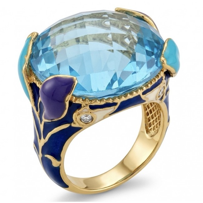 Dolce Vita 25.3 carat genuine Swiss Blue Topaz Enamel .925 Sterling Silver dipped in 22K Gold handcrafted Large ring size 8 1/4