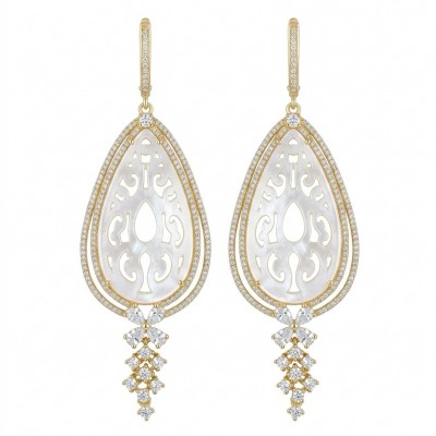 Genuine Blister Pearl lab grown Diamond 18K Gold over .925 Sterling Silver handcrafted Long Statement Earrings