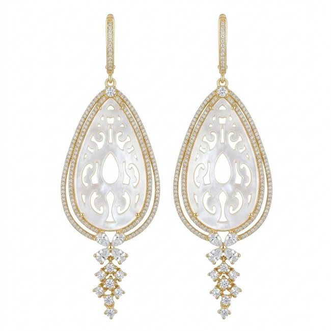 Genuine Blister Pearl lab grown Diamond 18K Gold over .925 Sterling Silver handcrafted Long Statement Earrings
