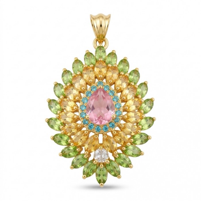 Giovanna - Victorian style - 55.5 carat Authentic Rose Quartz Brazilian Peridot .925 Sterling Silver handcrafted Pendant