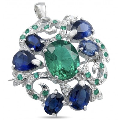 Giovanna - Victorian style - 29.5 carat Authentic Emerald .925 Sterling Silver handcrafted Pendant Brooch