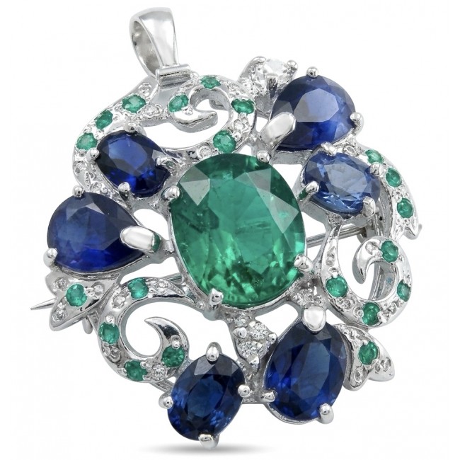 Giovanna - Victorian style - 29.5 carat Authentic Emerald .925 Sterling Silver handcrafted Pendant Brooch