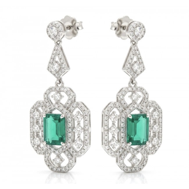 Magnificent Jewel 17.5 carat Emerald 14K white Gold over .925 Sterling Silver handcrafted earrings