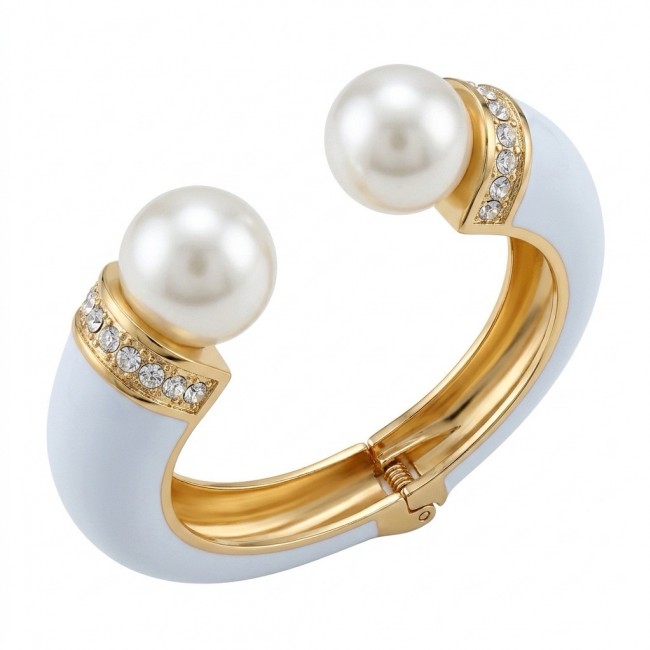 White Enamel Vintage style Luxurious Created Pearl Hinge golden Bangle Bracelet
