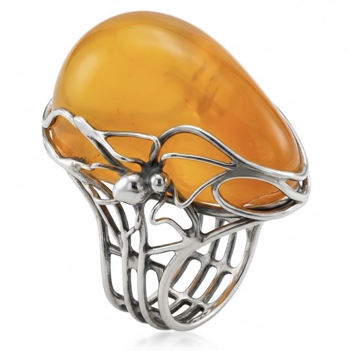 Spider's Web Authentic Golden Butterscotch Baltic Amber .925 Sterling Silver entirely handcrafted LARGE ring; s. 7 adjustable