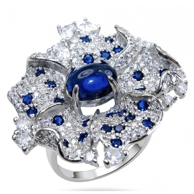 Blue Flower 12.2 carat natural Sapphire .925 Sterling Silver Perfectly handcrafted Ring s. 7 1/4