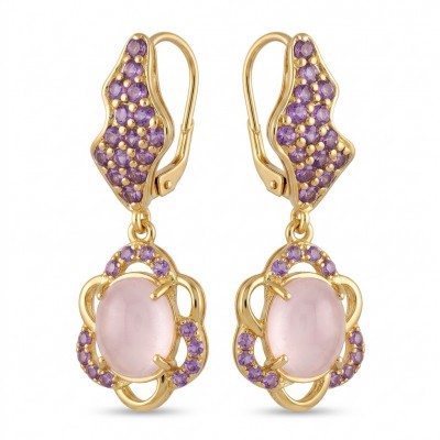 Scarlett 10.5 carat Rose Quartz Amethyst 22K Gold over .925 Sterling Silver handcrafted Statement Earrings