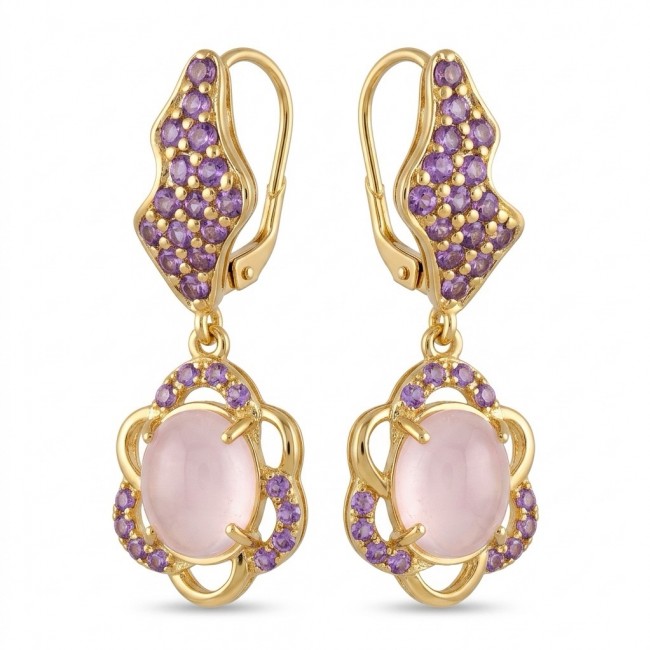 Scarlett 10.5 carat Rose Quartz Amethyst 22K Gold over .925 Sterling Silver handcrafted Statement Earrings