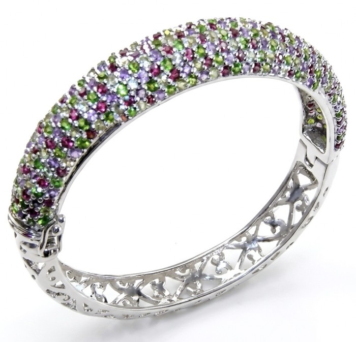Fiesta Authentic 33.2 carat Multigem .925 Sterling Silver handmade bangle Bracelet