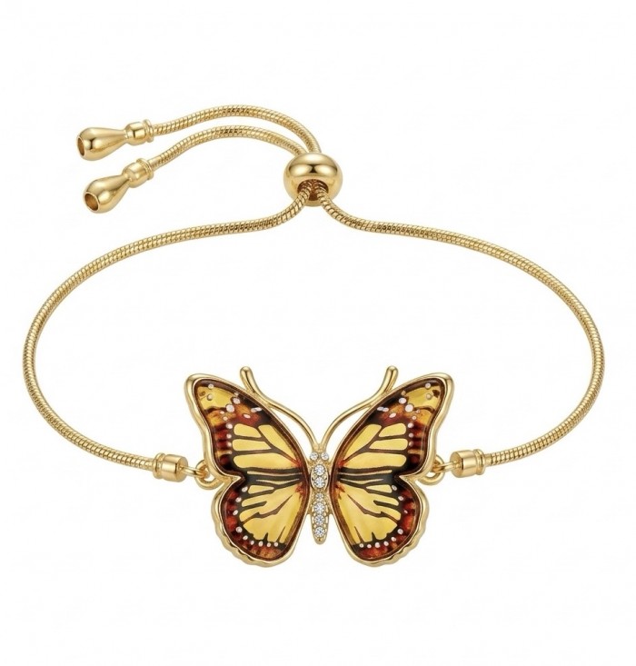 Golden Butterfly Genuine carved Baltic Amber 18K Gold over .925 Sterling Silver handamde Bracelet
