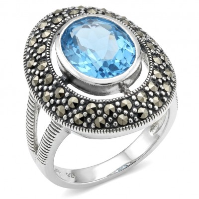 Dolce Vita 25.3 carat genuine Swiss Blue Topaz .925 Sterling Silver dipped rhodium handcrafted Large ring size 6
