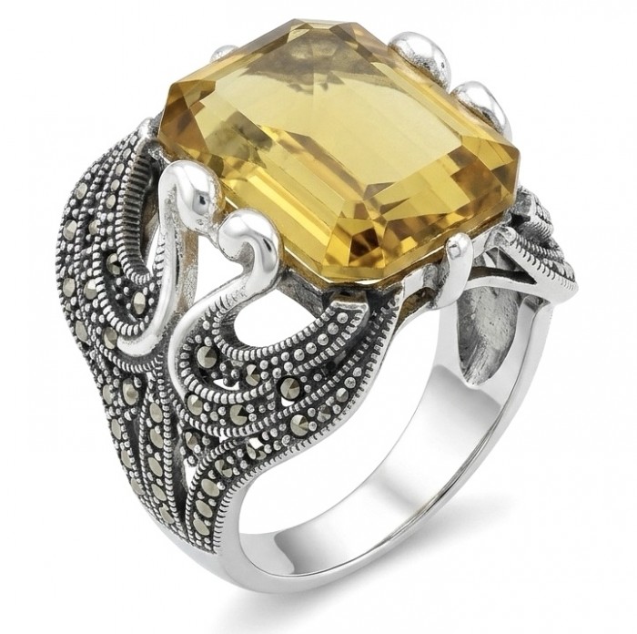 Two Swans Authentic 27.4 carat Lemon Quartz .925 Sterling Silver brilliantly handcrafted large Statement Ring size 8