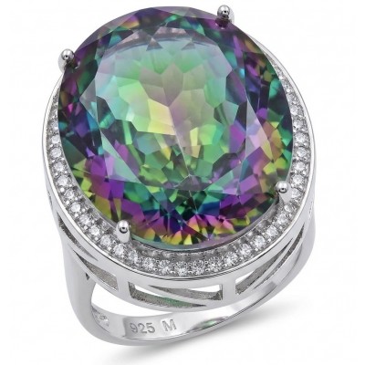 Massive 25.8 carat Mystic Topaz .925 Sterling Silver handcrafted Large ring size 7