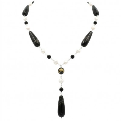 Black and White 26 inches authentic Onyx Pearl .925 Sterling Silver handmade Station Necklace