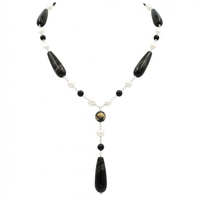 Black and White 26 inches authentic Onyx Pearl .925 Sterling Silver handmade Station Necklace