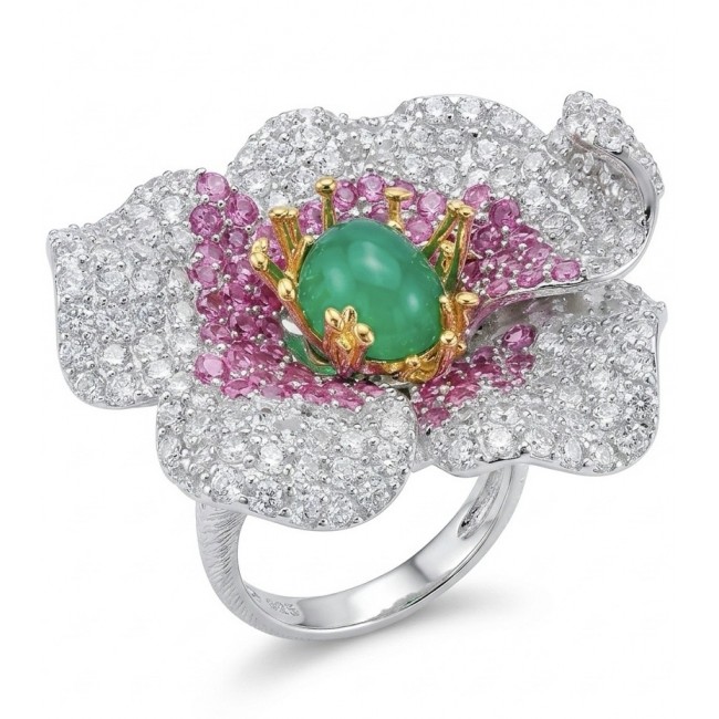 Dolce Vita Imperial Green Jadeite 2 tones .925 Sterling Silver dipped in rhodium handmade Cocktail Ring s. 7