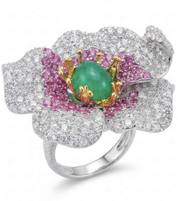 Dolce Vita Imperial Green Jadeite 2 tones .925 Sterling Silver dipped in rhodium handmade Cocktail Ring s. 7 - video
